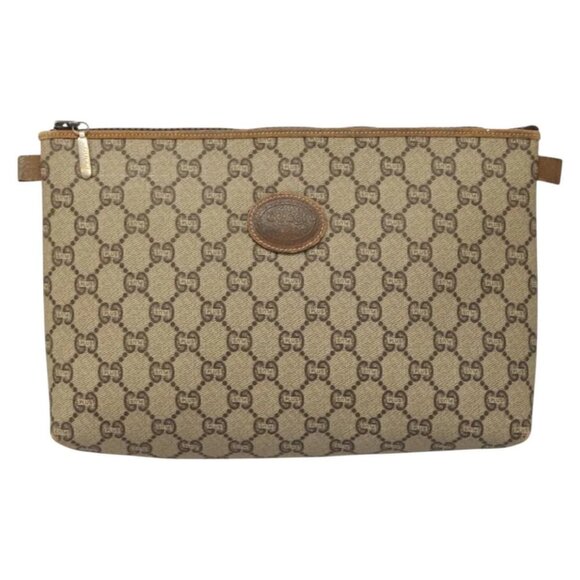 GUCCI GG Plus Supreme Clutch Bag PVC Leather Beige Gold Auth - Picture 1 of 15